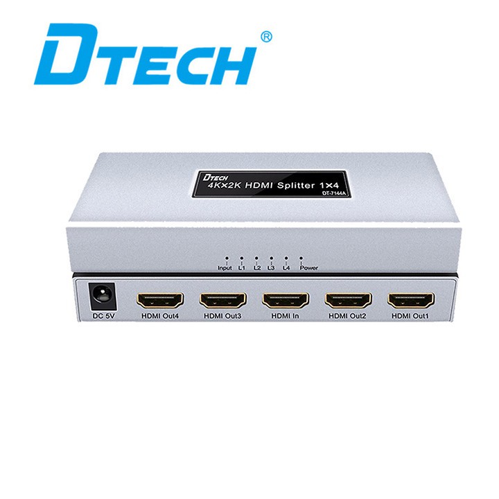 Bộ Chia HDMI 1 ra 4 Dtech DT 7144A là thiết bị cho phép bạn có khả năng kết nối 1 tín hiệu đầu vào qua cổng HDMI chuyên dụng